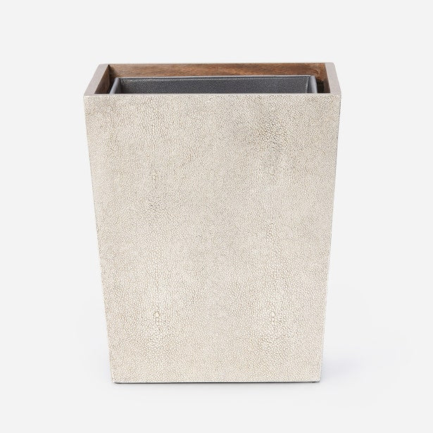 Pigeon & Poodle Manchester wastebasket in ivory faux shagreen with walnut rim detail.