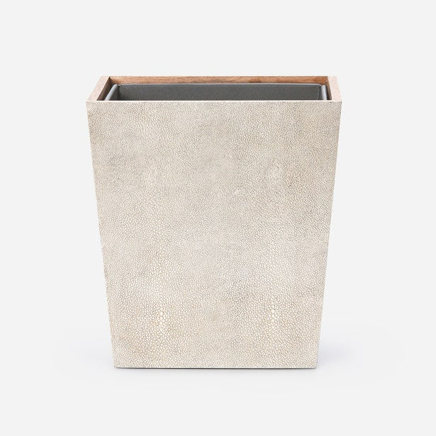 Pigeon & Poodle Manchester wastebasket in ivory shagreen texture with wood-lined interior.