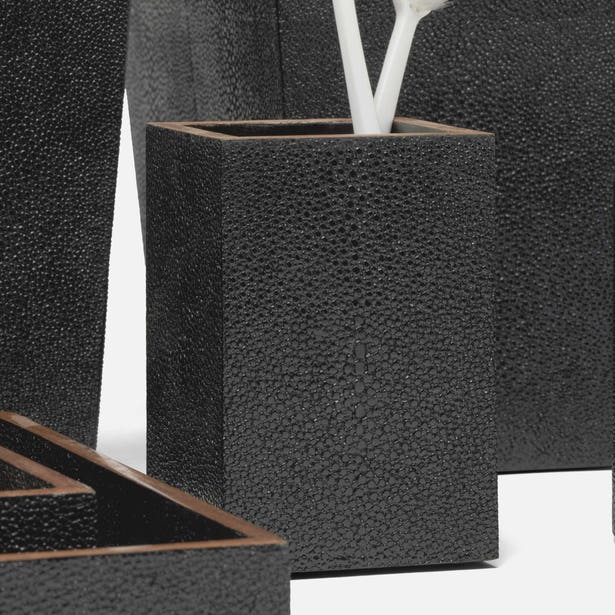 Close-up of Pigeon & Poodle Manchester bath canister in black shagreen texture with cotton swabs.