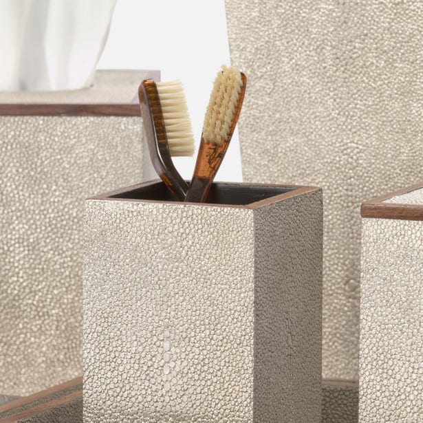 Pigeon & Poodle Manchester bath canister in taupe shagreen holding toothbrushes, walnut trim detail.