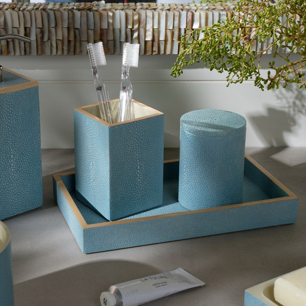 Pigeon & Poodle Manchester bath canister in teal shagreen with gold trim, styled on matching tray.