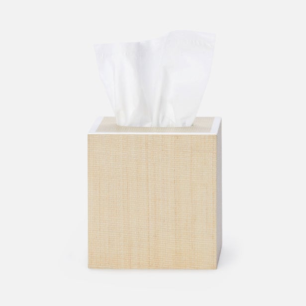 Pigeon & Poodle Maranello tissue box in natural raffia weave with white tissue.