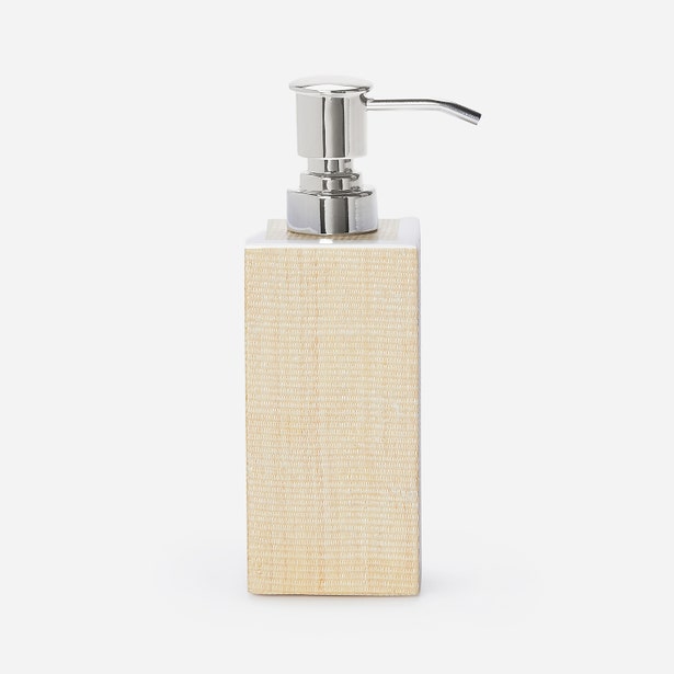 Pigeon & Poodle Maranello soap pump in ivory raffia with polished silver pump top.