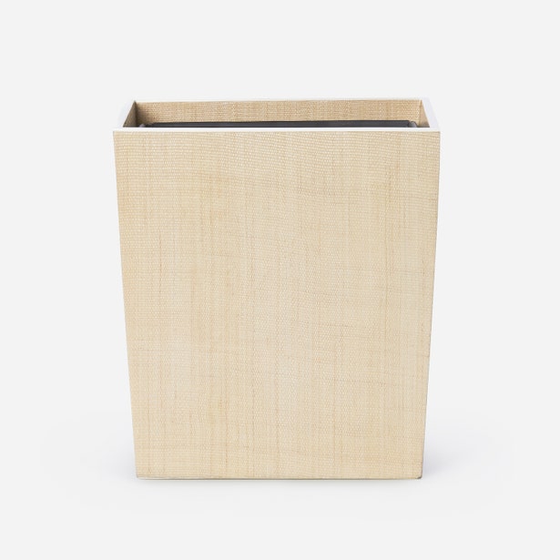 Pigeon & Poodle Maranello wastebasket in ivory woven raffia texture.