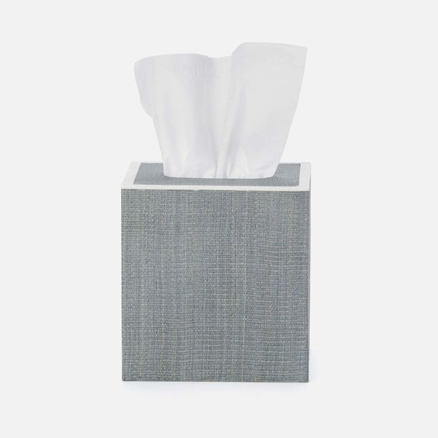 Pigeon & Poodle Maranello tissue box in slate grey woven texture, close-up front view.