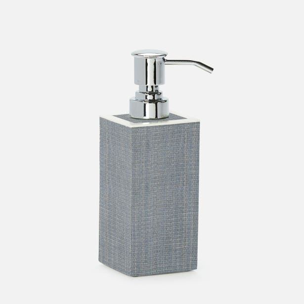 Pigeon & Poodle Maranello soap pump in grey linen texture with chrome pump top.