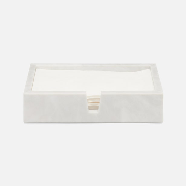 Pigeon & Poodle Milan hand towel tray in white marble with stacked ivory linen towels.
