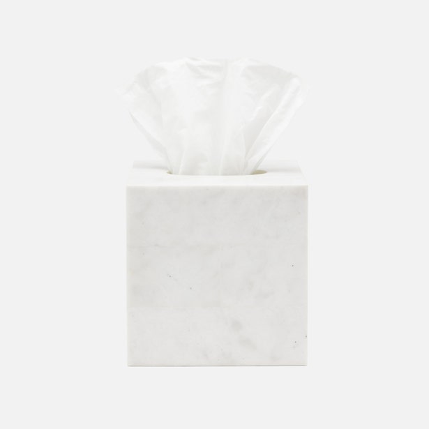 Pigeon & Poodle Milan white marble square tissue box cover with white tissue.