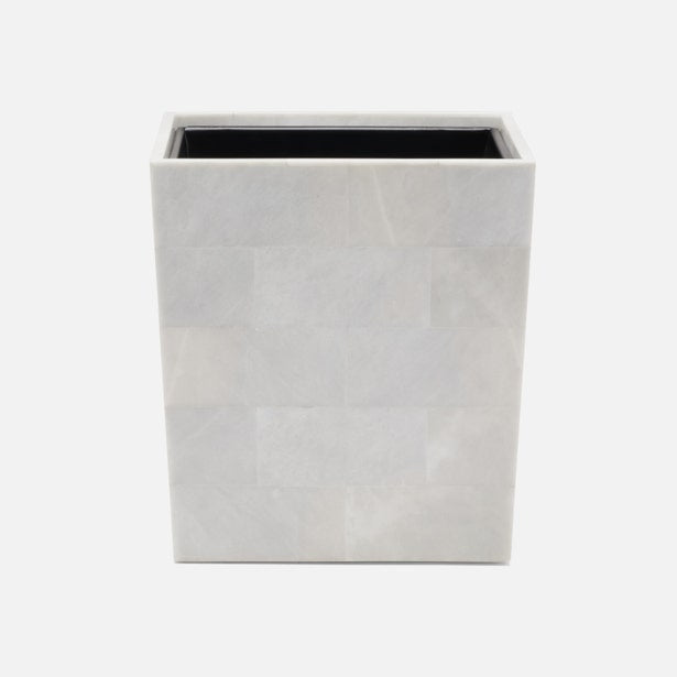Pigeon & Poodle Milan wastebasket in white bone tile panels with black interior liner.