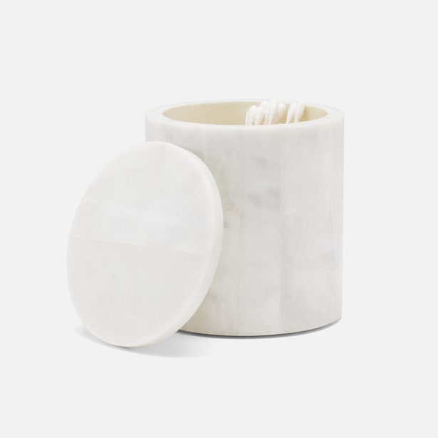 Pigeon & Poodle Milan white marble bath canister with lid ajar, holding cotton swabs.