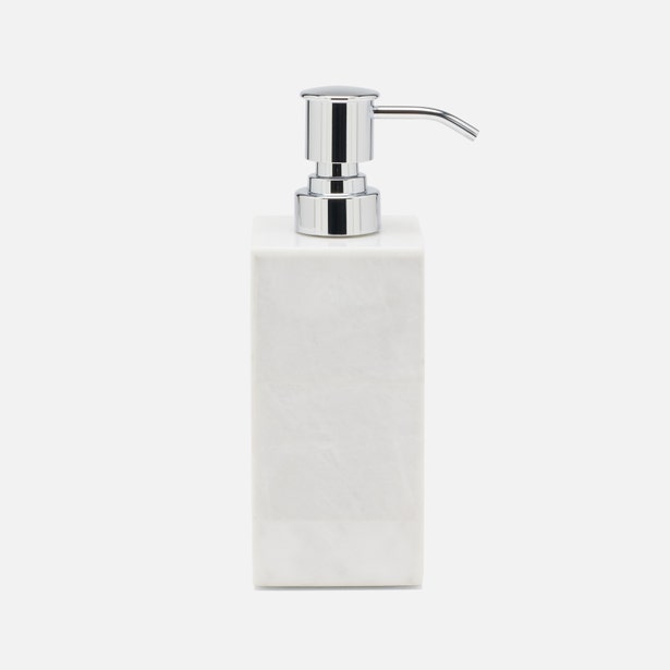 Pigeon & Poodle Milan soap pump in white marble with polished chrome pump dispenser.