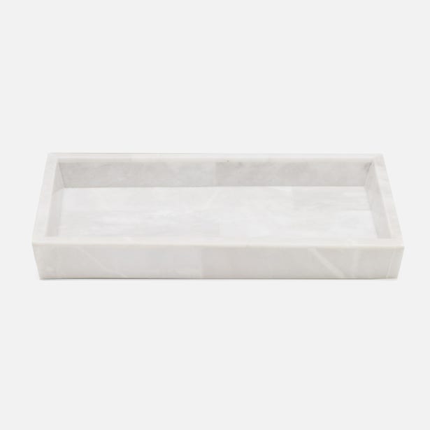 Pigeon & Poodle Milan rectangular white marble tray with polished rim, angled view.