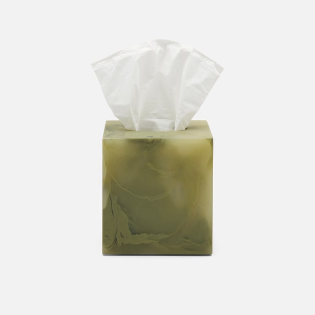 Pigeon & Poodle Novo tissue box in olive marbled resin with white tissue emerging from top.