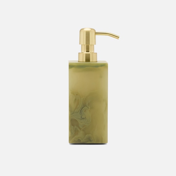 Pigeon & Poodle Novo soap pump in olive marbled resin with brushed gold dispenser top.
