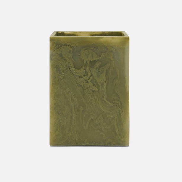 Pigeon & Poodle Novo wastebasket in olive resin with swirled marble finish.