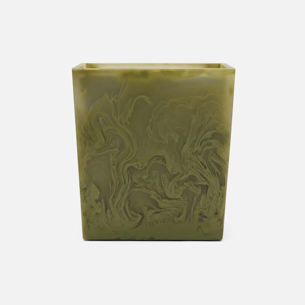 Olive green marbled resin wastebasket, swirled pattern, square form, front view.
