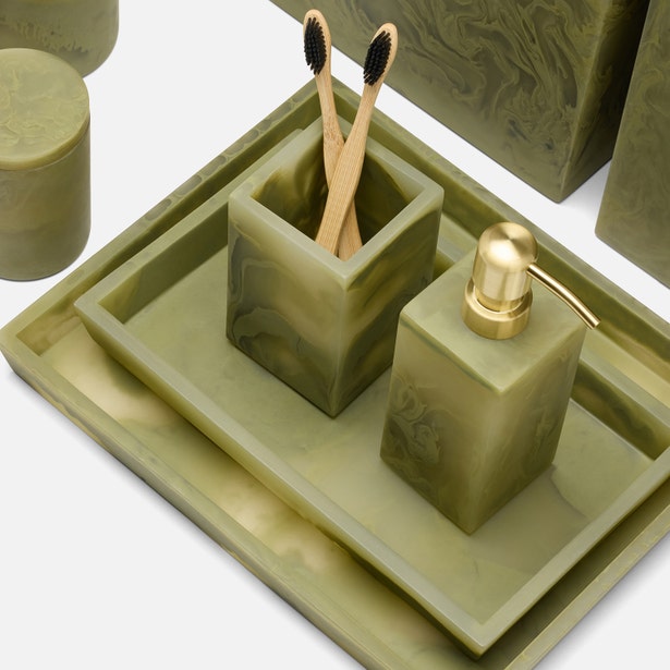 Pigeon & Poodle Novo soap pump in sage marble resin with gold pump, styled on matching tray.