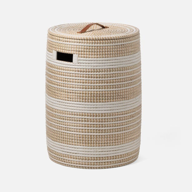 Pigeon & Poodle Olinda hamper, natural and ivory striped weave with tan leather handle.