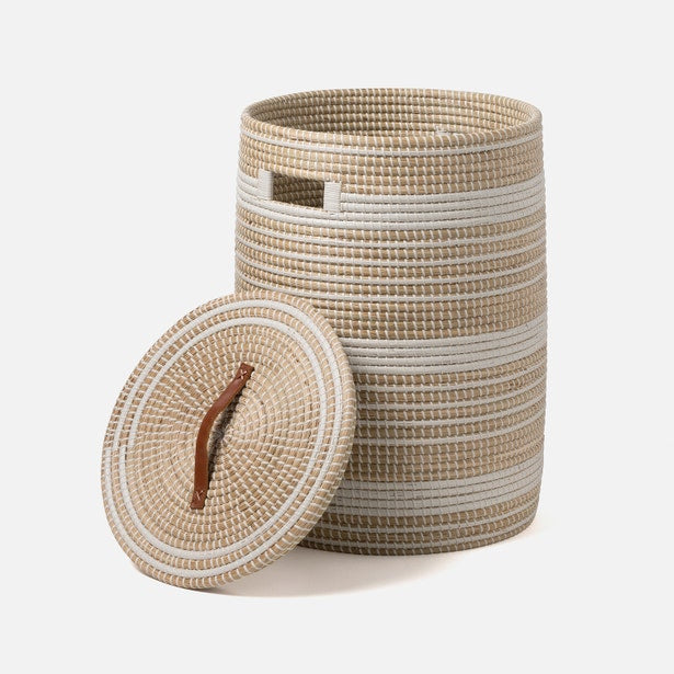 Pigeon & Poodle Olinda hamper lid with brown leather pull, shown beside the basket.
