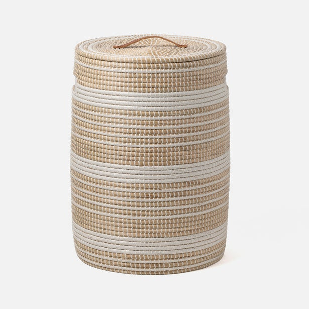 Close-up of Olinda large hamper's woven texture, natural and white stripe pattern with leather handle.
