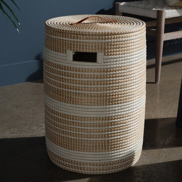 Pigeon & Poodle Olinda large woven hamper, natural and white stripe with leather handle.