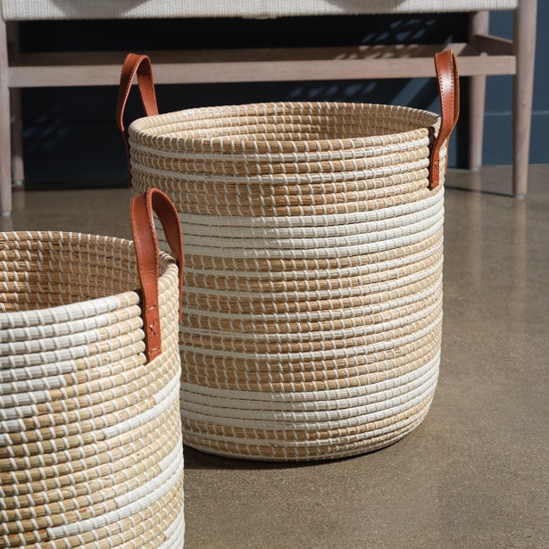 Pigeon & Poodle Olinda nesting hamper set, woven seagrass with tan leather handles.