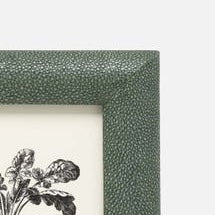 Close-up corner detail of Pigeon & Poodle Oxford frame in sage green shagreen texture.