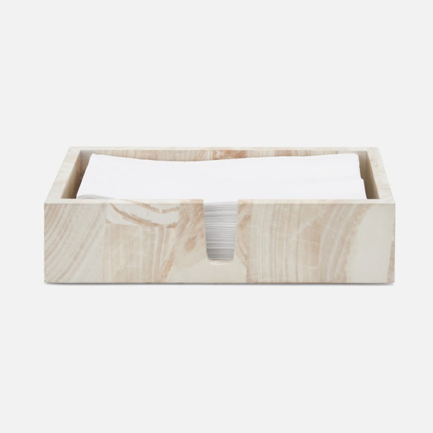 Pigeon & Poodle Palermo II hand towel tray in cream marbled resin, filled with folded towels.