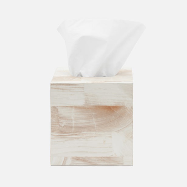 Pigeon & Poodle Palermo II tissue box cover in ivory marble resin, square format, front view.