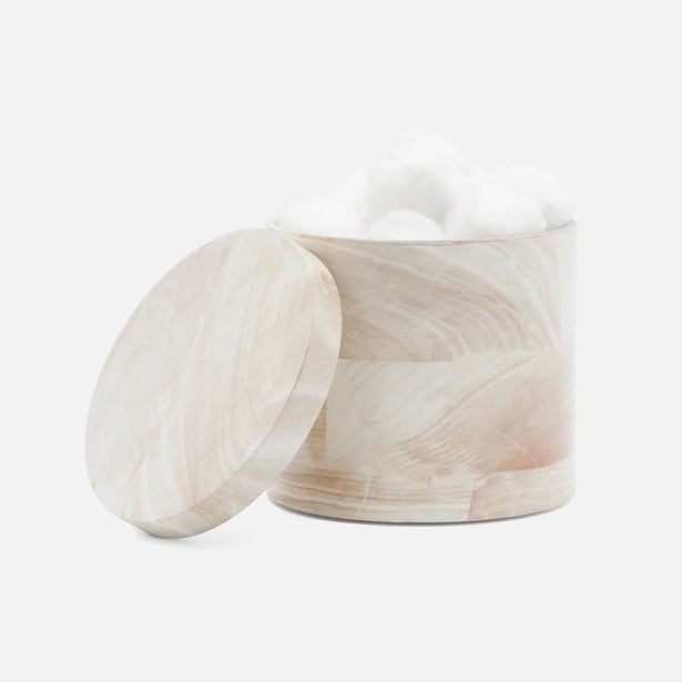 Pigeon & Poodle Palermo II bath canister in ivory onyx stone with lid ajar, filled with cotton balls.