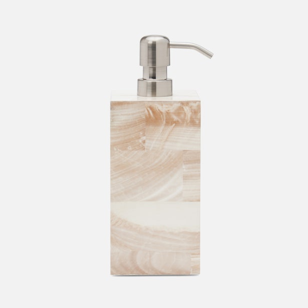 Pigeon & Poodle Palermo II onyx soap pump in warm ivory with brushed nickel top.