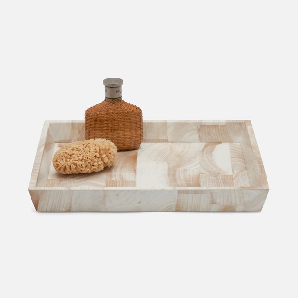 Pigeon & Poodle Palermo II tray styled with a sponge and woven bottle, ivory bone tile inlay.