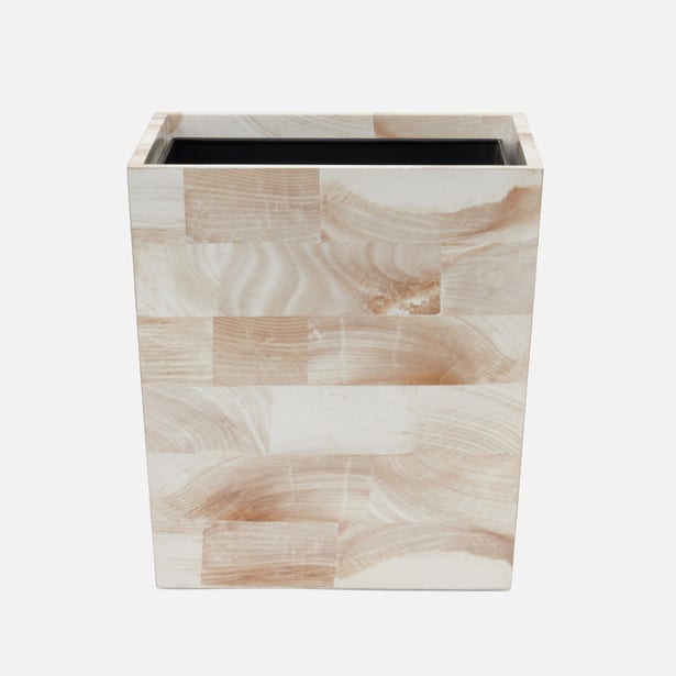 Pigeon & Poodle Palermo II wastebasket in patchwork natural bone tile finish.