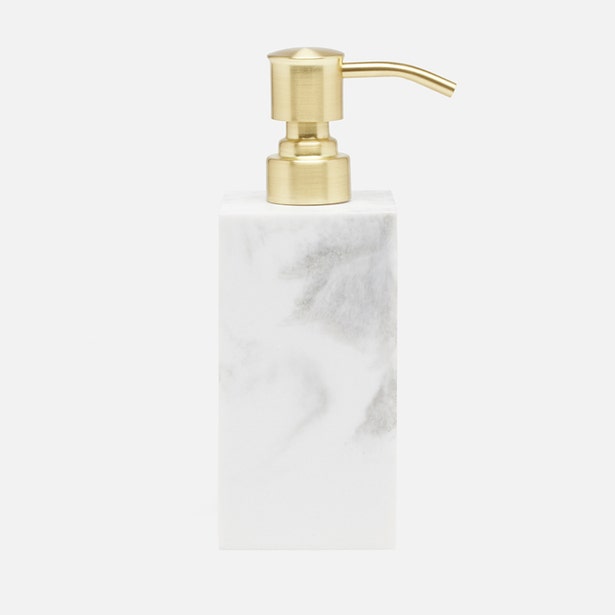 Pigeon & Poodle Parma soap pump in white marble with brushed gold pump dispenser.