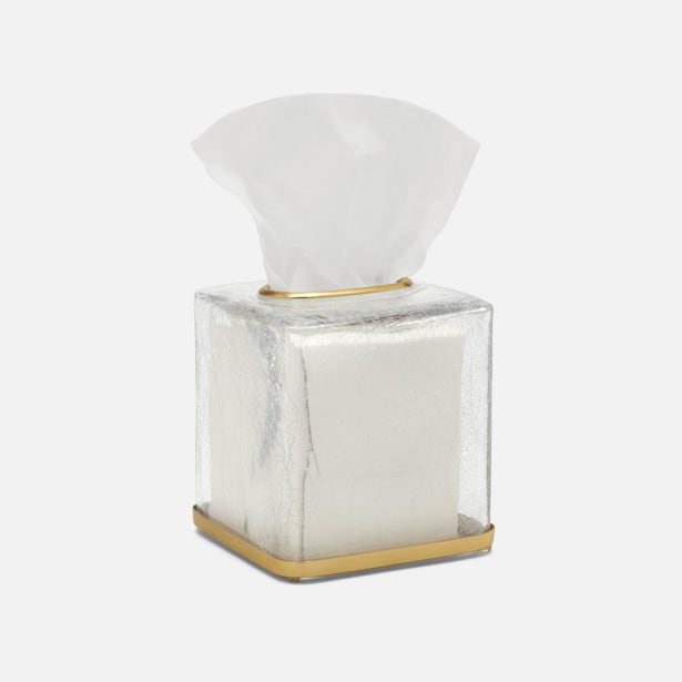 Pigeon & Poodle Pomaria tissue box, crackled glass with brushed gold base detail.