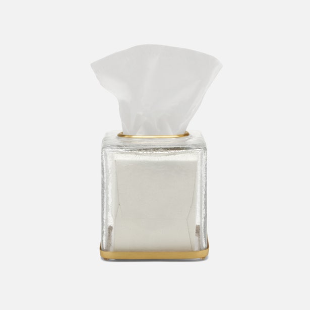 Pigeon & Poodle Pomaria glass tissue box with gold base trim, tissue extended.