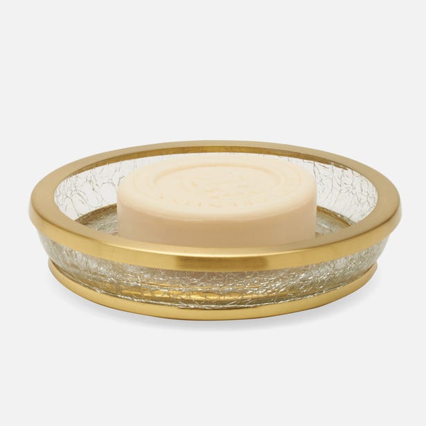 Pigeon & Poodle Pomaria soap dish in gold with crackle glass and ivory bar soap.
