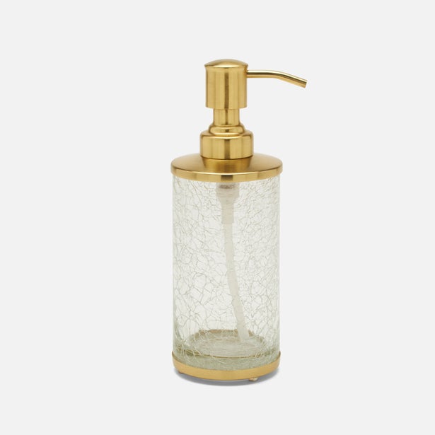 Pigeon & Poodle Pomaria soap pump in crackle glass with brushed gold hardware, side view.