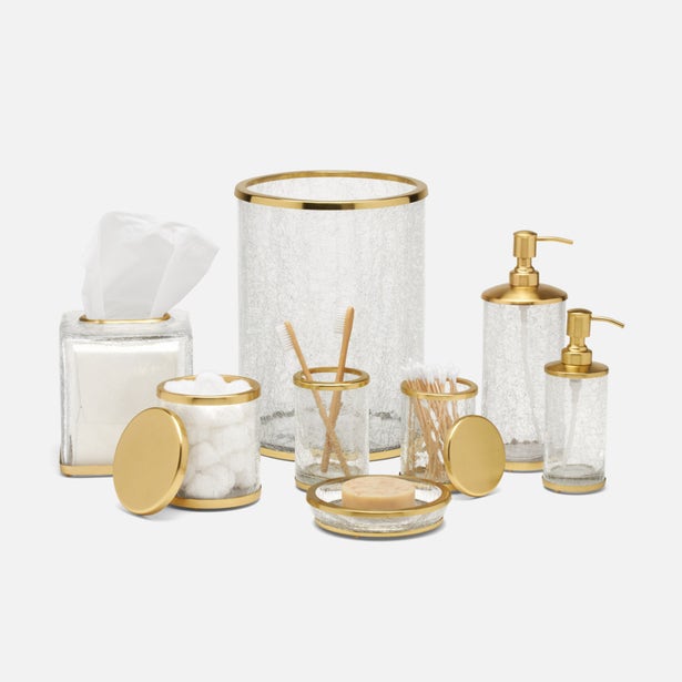 Pigeon & Poodle Pomaria crackle glass bath accessories set with gold rims, full collection view.