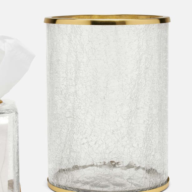 Pigeon & Poodle Pomaria wastebasket, crackle glass with gold rim, angled view.
