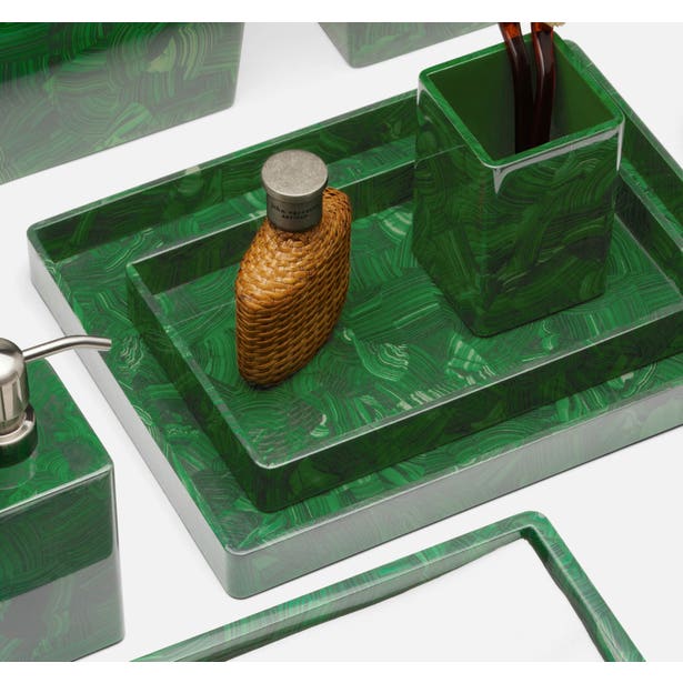 Pigeon & Poodle Porter malachite-print green resin bathroom accessory set styled on white surface.