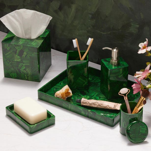 Pigeon & Poodle Porter green malachite-patterned bath accessory set on white surface.