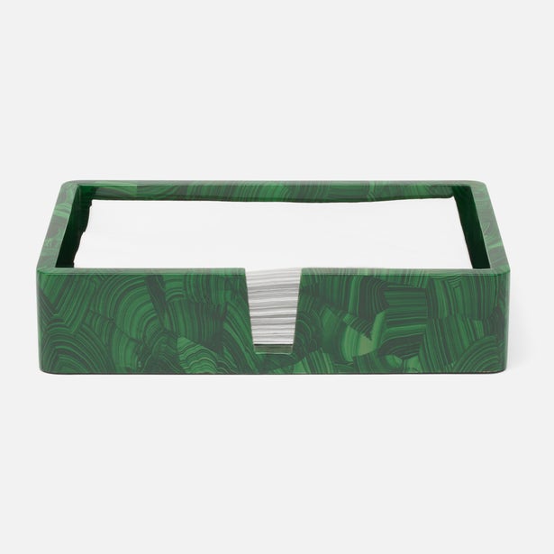 Pigeon & Poodle Porter hand towel tray set in malachite green swirl pattern with white towels.