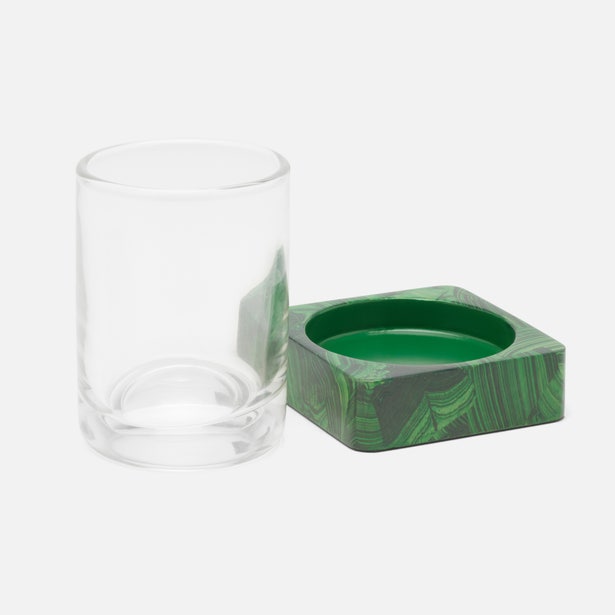 Pigeon & Poodle Porter tumbler set with clear glass and malachite-patterned green resin tray.