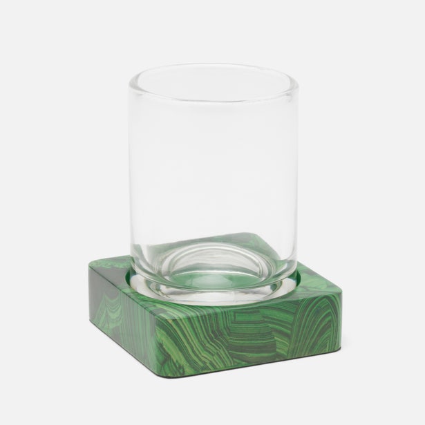 Pigeon & Poodle Porter tumbler set with clear glass cup on green malachite-print square base.