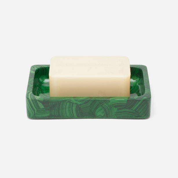 Pigeon & Poodle Porter soap dish in malachite green resin holding an ivory bar soap.