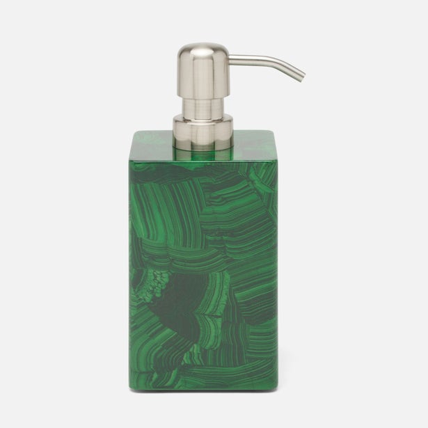 Pigeon & Poodle Porter soap pump in malachite-patterned green resin with brushed nickel top.