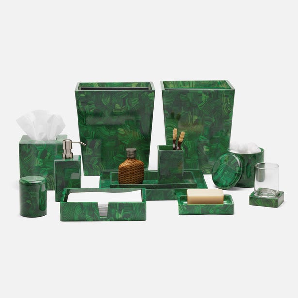 Pigeon & Poodle Porter malachite-print bath accessories collection in deep emerald green.