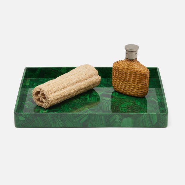 Pigeon & Poodle Porter tray in green malachite lacquer styled with a loofah and woven bottle.