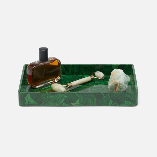 Pigeon & Poodle Porter tray in malachite green, styled with perfume bottle and jade roller.